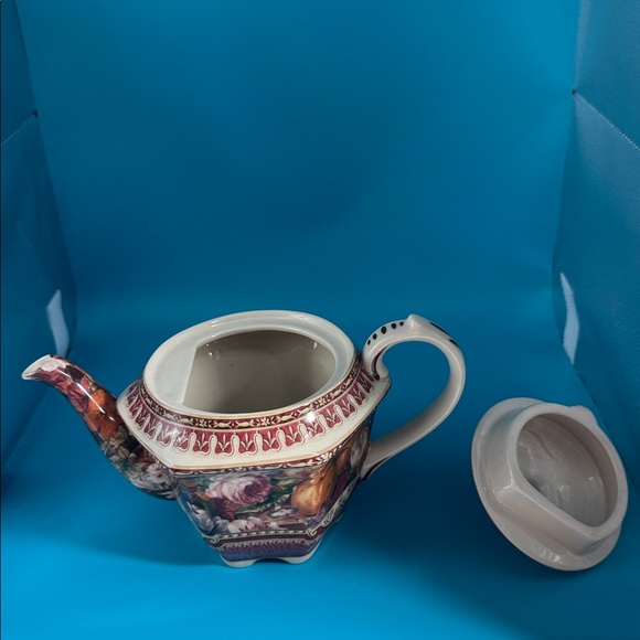 Elegant Vintage Floral Teapot with Burgundy and Cream Accents - Picture 4 of 7